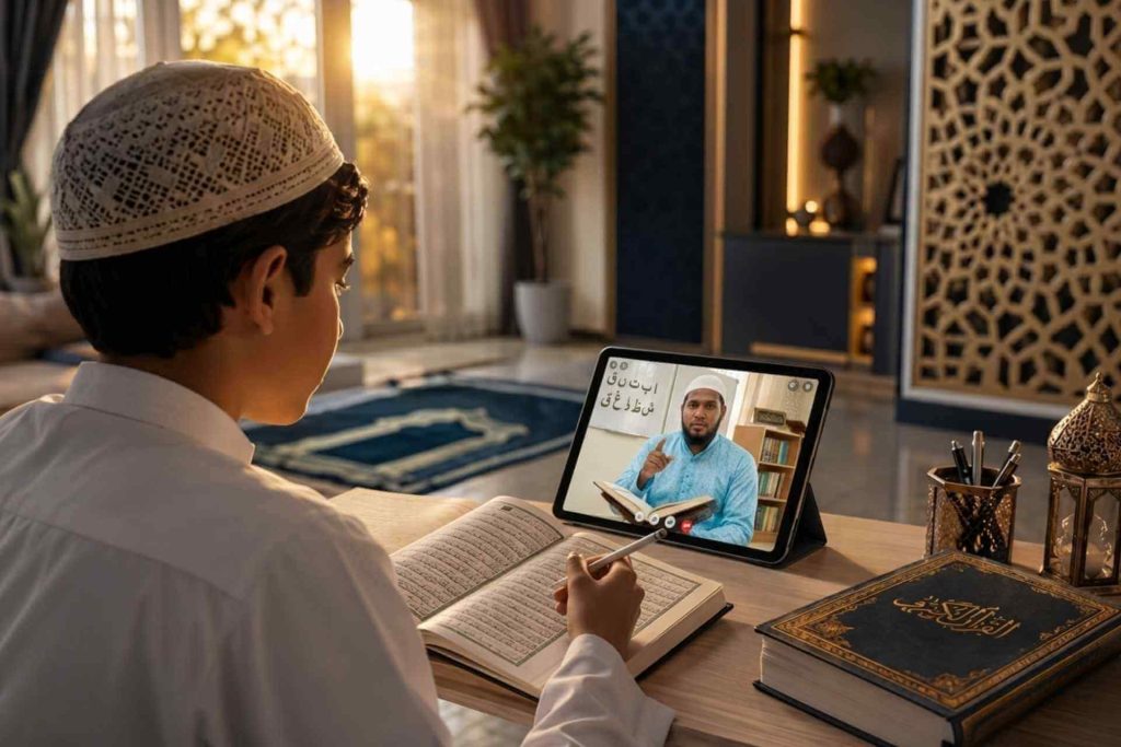 Child learning Quran online with a certified tutor during a live video class